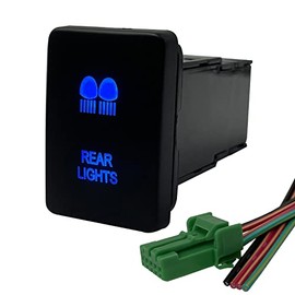 BACAUTOPARTS Blue Led Rear Lights Push Button Switch for Toyota Sequoia Highlander Landcruiser Tacoma 4Runner Highlander 3Amp 12V Illuminated ON-Off SPST Button Switch with Wiring Connector