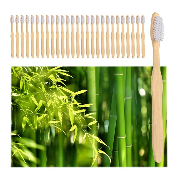 Relaxdays Bamboo Toothbrushes, Set of 24, Medium Bristles, Vegan, Sustainable, BPA-Free, Coated Manual Toothbrush, White
