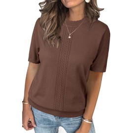 Arach&Cloz Womens Cute Cable Knit Summer Tops Short Sleeve Shirts Dressy Casual Crewneck Ladies Sweater 2025 Coffee Brown