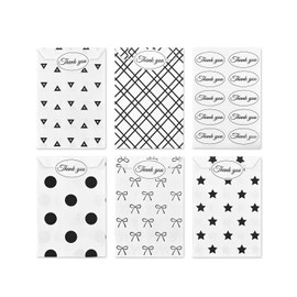 MOOCA 200 Pcs 5 Variety Prints Paper Gift Bags with Stickers, Jewelry, Cookie & Candy Buffet Bags, Treat Bag, Color: Black and White, 4W x 6H in