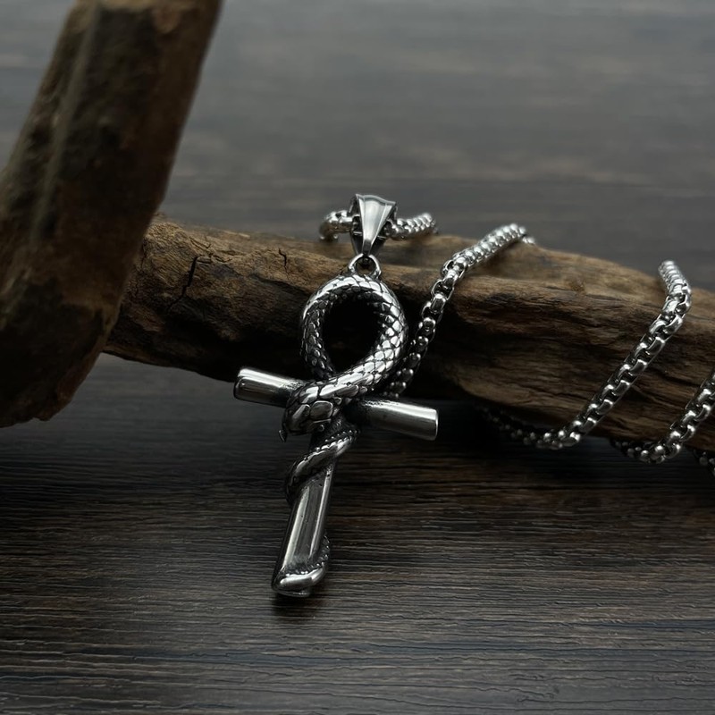 Rockyu Men's Stainless Steel Snake Motif Cross Necklace Silver Chain