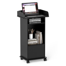 Qriocioa Podium Stand with Wheels Wooden Lectern Podium Stand Portable Pulpit Standing with Storage Mobile Reception Podiums Desk for Church Office School Conference Restaurant Meeting, Black