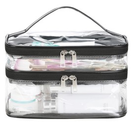HAOGUAGUA Double Layer Clear Cosmetic Bag Makeup Bag, Waterproof Travel Toiletry Bag, Transparent PVC Pouch Organizer (Black-large)