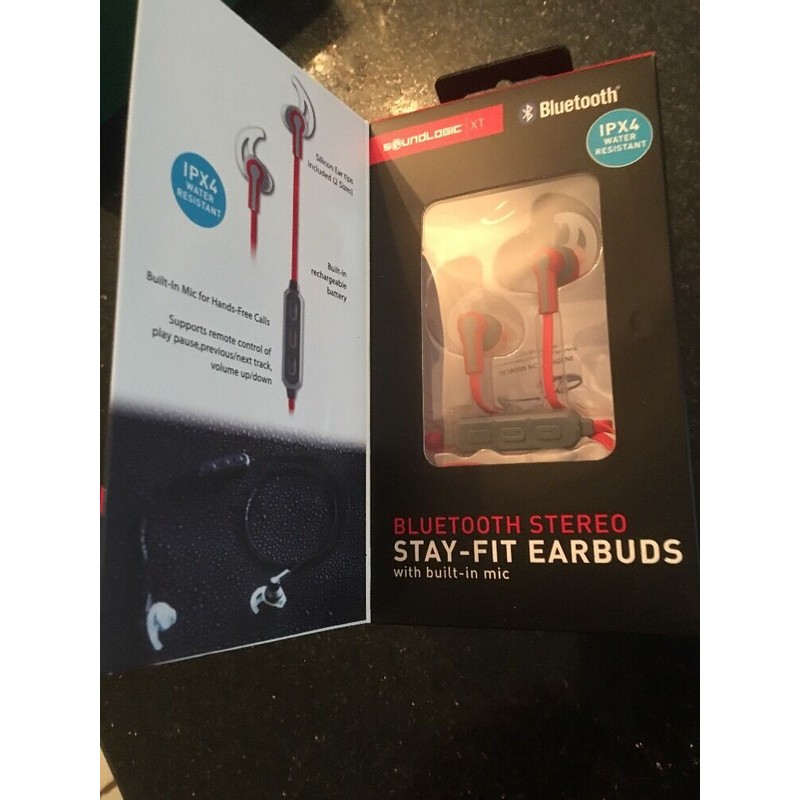 SOUNDLOGIC XT BLUETOOTH STEREO STAY-FIT EARBUDS WITH MIC GRAY/RED RC