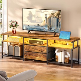 HOOBRO TV Stand with Power Outlet and LED Light, Entertainment Center for TVs Up to 75 Inch, Modern Media Console Table with 2 Non-Woven Drawers, for Living Room, Bedroom, Rustic Brown BF55UDDS01