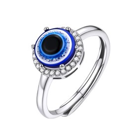 Evil Eye Rings for Woman, Sparkly Sterling Silver Blue Eyes Adjustable Ring with Cubic Zirconia, Spiritual Religious Gifts for Valentines Day Mothers Day