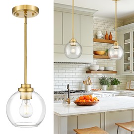 JAZAVA Modern Polished Gold Pendant Light, 7Inch Mid Cenrury Globe Hanging Light Fixture with Clear Glass for Kitchen Island Dining Room Bedroom Hallway Foyer (1 Pack), PL101BG