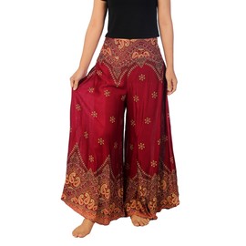 Lannaclothesdesign Palazzo Pants for Women Wide Leg Boho Harem Yoga Pants S M L XL Sizes (XL, Burgundy Peacock Flower)