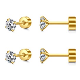 Incaton 2-6 Pairs 20G Hypoallergenic Stud Earrings for Women Men Flat Back Earrings Stainless Steel Cubic Zirconia Cartilage Tragus Screw Back Earrings Piercing 2 Pairs Gold 4mm