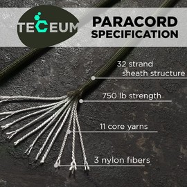 TECEUM Paracord Type IV 750 lb Army Green – 50 ft – 4mm – 100% Nylon Strong Tactical MIL–SPEC Parachute Cord – Survival Rope Emergency Para Cord 11 Strands Core EDC Camping Hiking Military Gear 010a n
