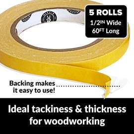 HIPPIE CRAFTER 5 Pack Double Sided Tape for Woodworking, 1/2 Inch Wide Heavy-Duty Sticky Tape for CNC Machines and Routing Templates, 60 Feet Each, 300ft Total