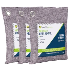 Breathe Green Bamboo Charcoal Bags Odor Absorber (3-Pack) Activated Charcoal Odor Eliminator Bag, Natural Freshener Removes Odors and Moisture, Odor Eliminator for Home, Pets, Car, Closet, RV