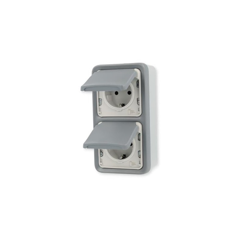 Vertical Plexo55 Apwg IP44 SCHUKO double socket-outlet, impact-resistant IK07 –