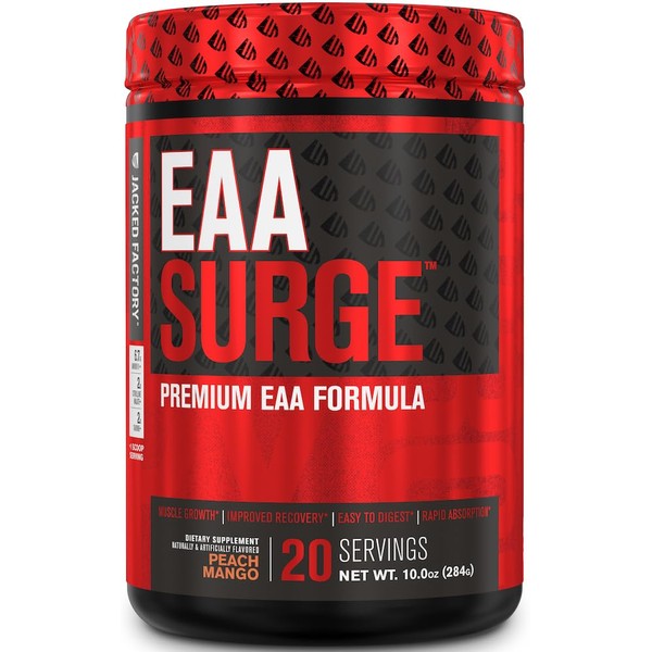 EAA Surge Essential Amino Acids Powder - EAAS & BCAA Intra Workout Supplement w /L-Citrulline, Taurine, & More for Muscle Building, Strength, Endurance, Recovery - Peach Mango, 20sv