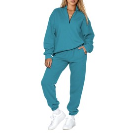 Aleumdr Women's 2025 Two Piece Outfit Half Zip Long Sleeve Pullover with Sweatpants Set Cozy Pajamas Tracksuit Set Peacock green X-Large