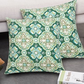 FUNHOME Outdoor Pillow Covers ONLY, Pack of 2 Square Throw Pillow Covers, Decorative Waterproof Modern Cushion Cases for Sofa Patio Couch Decoration 18 x 18 Inch-Green Medal