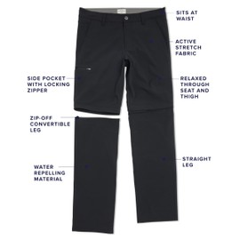 Weatherproof Vintage Mens Pants - Zip Off Hiking Pants, Quick Dry, Water Resistant, 5 Pocket Cargo, Black, Waist: 40, Inseam: 30