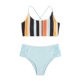 SweatyRocks Women's Bathing Suits Striped Criss Cross Bikini Set High Waisted Swimsuits Azure M