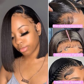 13x4 Bob Straight Human Hair Wig Lace Front Wig 100% Human Hair Pre Plucked with Baby Hair 180% Density Wigs for Black Women Natural Color (natural bob wig human hair, 8 Inch)