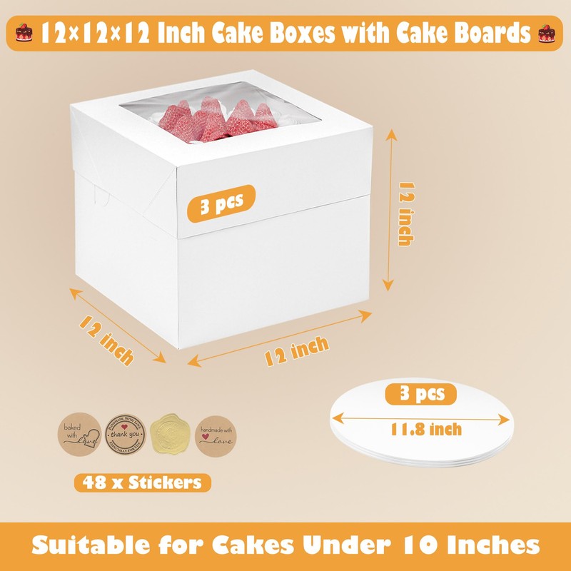 MonYouGe 12x12x12 Inches Cake Boxes with Cake Boards, 3 Pack
