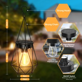 RECHOO Solar Lights Outdoor Garden, 2 Pack Hanging Solar Garden Lanterns, Metal Warm White Waterproof Solar Garden Ornaments Outdoor Lantern Lights for Decoration Garden Pathway Patio