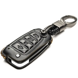 Vitodeco Genuine Leather Flip Key Fob Case Cover Compatible with Hyundai Accent, Kona, Santa Fe, Tucson, Venue, Sonata, Veloster 2018-2022 (4-Button, Black)