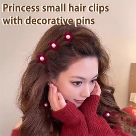 10Pcs Mini Flower Hair Clips for Women Girls Wine Red Small Flower Claw Clips with Pearl Hair Decorations for Women Girls Braids Toddler Clip for Hair