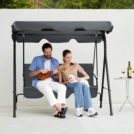 JEAREY Outdoor Swings 3-Person Porch Swing with Stand Patio Swings with Canopy and Removable Cushion Swing Chair Outdoor for Adults, Backyard, Yard, Garden, Grey