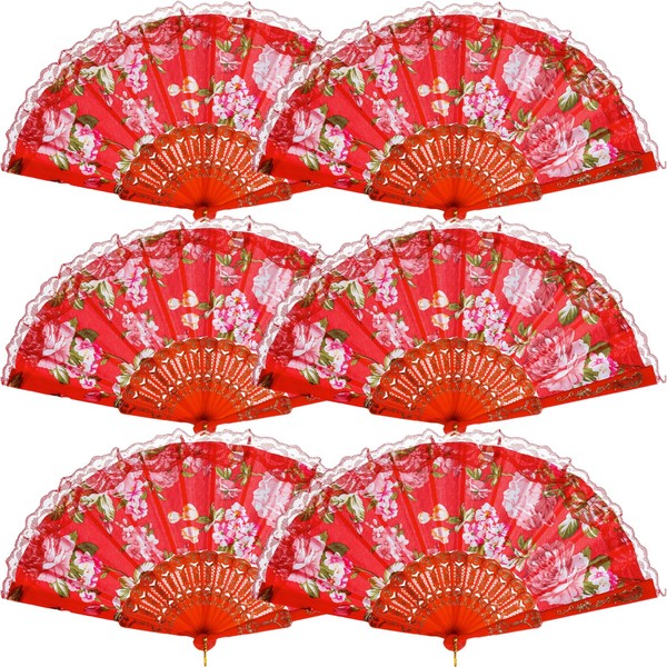 QIRMIZI 6 Pack Large Folding Silk Hand Fans - Elegant