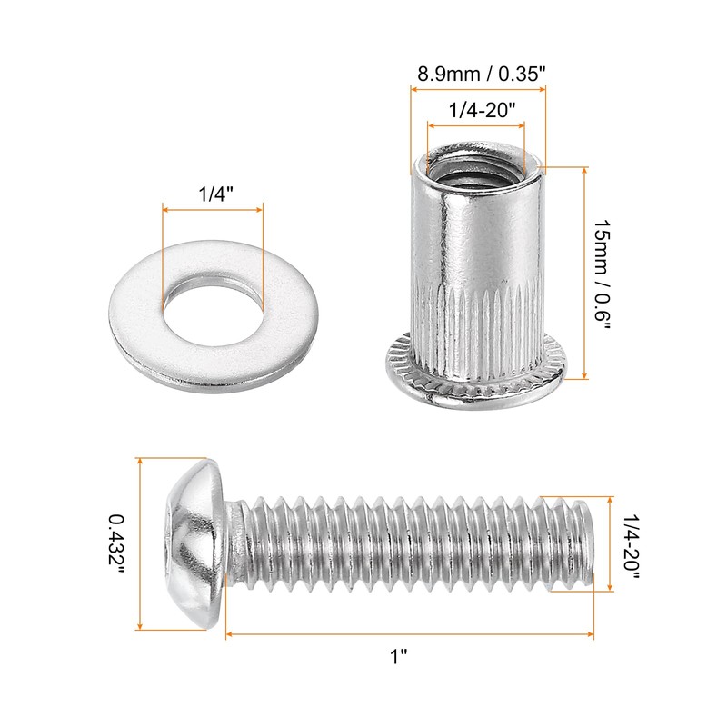 sourcing map 1/4-20 Rivet Nuts and Bolts 1" Button Head