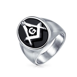 Bling Jewelry Secret Society Square Compass Black Oval Mens Signet Freemason Masonic Ring for Men Silver Tone Stainless Steel