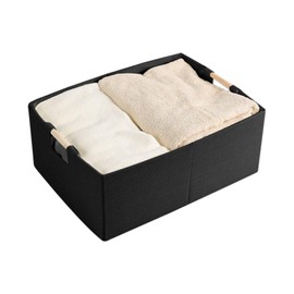 LaMorée Fabric Storage Bin Box Foldable Cotton Linen Storage Basket with Wooden Handles Rectangular Cube Decorative Home Laundry Organizer Clothes Blanket Container – Black, Large