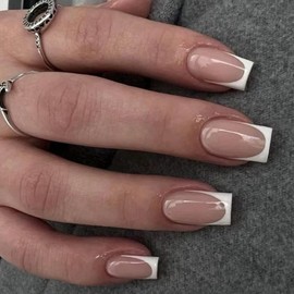 Ceboic 24Pcs French False Nails Square Short, Glossy Nude Press on Nails with White Border Designs, Fake Nails Acrylic Full Cover Stick on Nails for Women Girls Daily Wear Salon