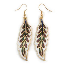 Multicoloured Enamel Leaf Drop Earrings In Gold Tone - 70mm Long