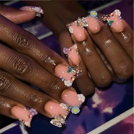 RUOKEXIN Duck Press on Nails Short Fake Nails Sparkly False Nails with 3D Flower Butterfly Designs Luxury Nail Press ons Glossy Acrylic Artificial Nails for Women 24Pcs