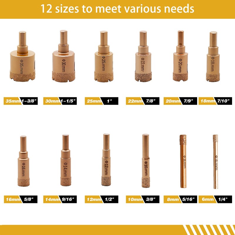 MORESUPERHARD Diamond Core Drill Bits Set 12Pcs,Vacuum Brazed Diamond Hole