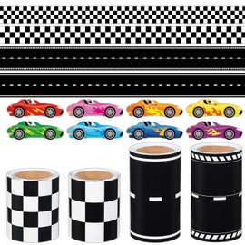 4 Rolls Racing Car Theme Bulletin Board Border Set Race Track Trim 200 Race Car Stickers Race Party Black and White Checkered Bulletin Trim Decorations for Classroom Wall Door Chalkboard Decor