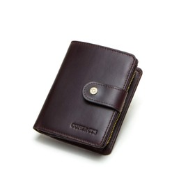 Contacts Women Leather Wallet RFID Blocking Small Bifold Zipper Pocket Wallet Card Case Purse with ID Window (Dark Coffee)