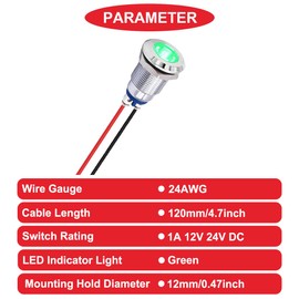 MKBKLLJY Green Indicator Light 12 mm 1/2 Inch Waterproof IP67 Metal Signal Lamp 12 V 24 V AC/DC LED Pilot Dash Lamp Screw Clamp Concave Head with 24AWG 120 mm Terminal Wires for Car Boat Pack of 10