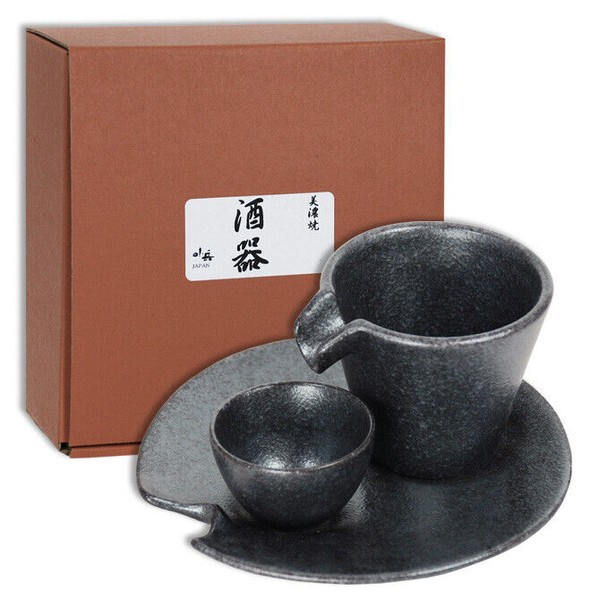 SET of 3 Japanese Porcelain Black Cold Sake Carafe Cup
