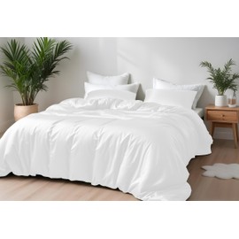 LINENWALAS Bamboo Bed Linen Set, Premium Bamboo Silk Duvet Cover Set with Pillowcase, 2-Piece Bedding Set, 220 x 240 cm Luxury, Soft, Cooling Quilt Cover (White)