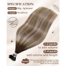 Hetto Nano Hair Extensions Human Hair Ombre Brown Nano Ring Hair Extensions Human hair Brown Fading to Light Brown with Light Blonde Nano Link Hair Nano Bead Hair Extensions 18inch 50g/50s