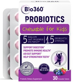 Bio360 Probiotics for Kids - 15 Strains & 5 Billion CFU Supports Brain, Immune & Digestive Health - Kids Probiotic Chewable with Organic Prebiotics for Gut & Constipation, Mixed Berry Flavor, 30 Count