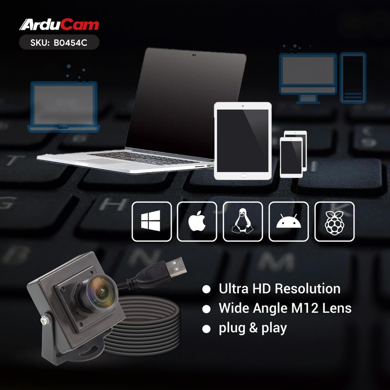 Arducam OV5648 USB Camera Module, 5MP USB Webcam, 110°(D) Wide