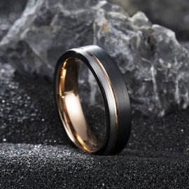 King Will LOOP Tungsten Carbide Wedding Band 6mm Rose Gold Line Ring Black and Silver Brushed Comfort Fit 8