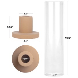 Koyal Wholesale 6Pcs Ceramic Taper Matte Terracotta Candle Holder with Glass Hurricane Shades Taper Candle Holders Farmhouse Candlestick Boho Decor for Wedding Home Table Centerpiece