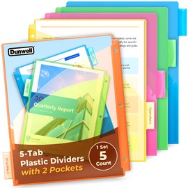 Dunwell Plastic Binder Dividers with Pockets (5 Tab), 2-Pocket Dividers with Tabs for 3-Ring Binder, 5 Subject Notebook Divider 3 Hole Punched, Multicolor Index Divider with Pockets, US Letter Size