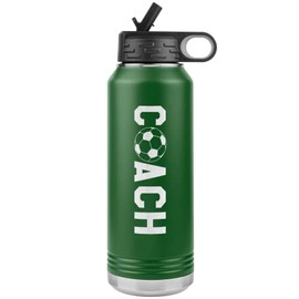 Soccer Coach Water Bottle - 32oz Insulated Engraved Stainless Steel Flip Top With Straw Soccer Coach Gift Green