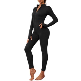 Nadeer Womens Ribbed Jumpsuit Long Sleeve Yoga Romper One Piece Bodycon Zip Up Unitard Romper Workout Sports Bodysuit All In One Jumpsuit Playsuit Outfits