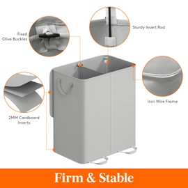 Lifewit Double Laundry Hamper with Lid and Removable Laundry Bags, Large Collapsible 2 Dividers Dirty Clothes Basket with Handles for Bedroom, Laundry Room, Closet, Bathroom, College, 155L Silver Gray